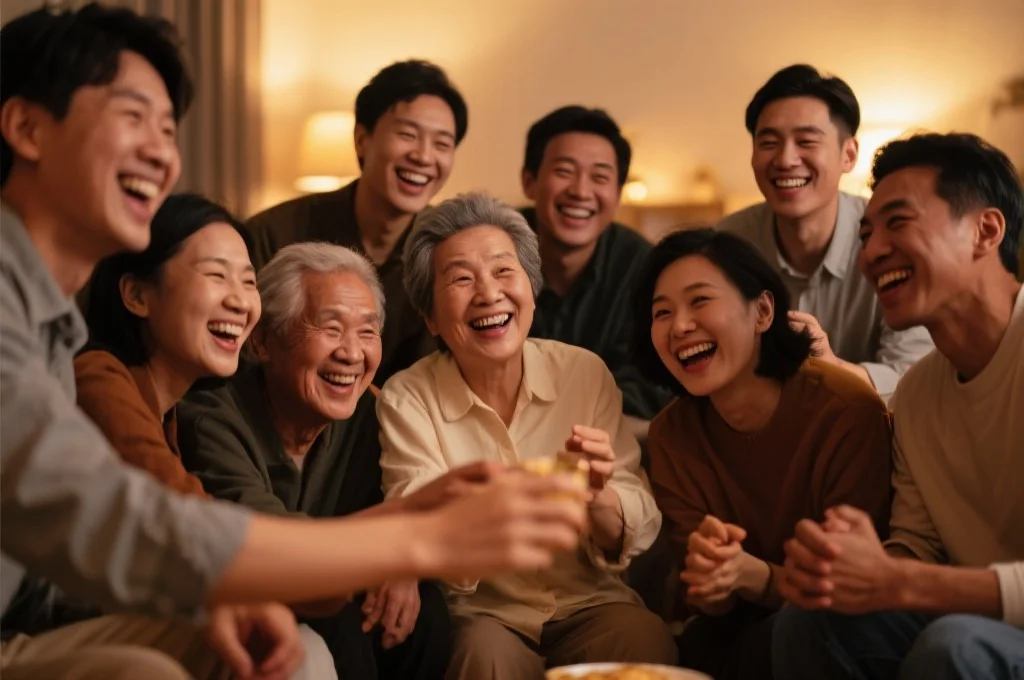 一群人享受温馨的娱乐时刻，充满欢声笑语