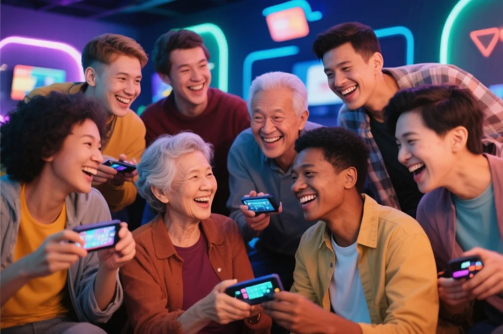 人们在享受安全健康的数字娱乐,面带笑容,展现社区与连接